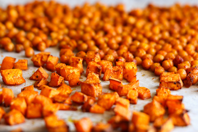 Kale Salad with Roasted Sweet Potato, Spiced Chickpeas and Yogurt Dressing