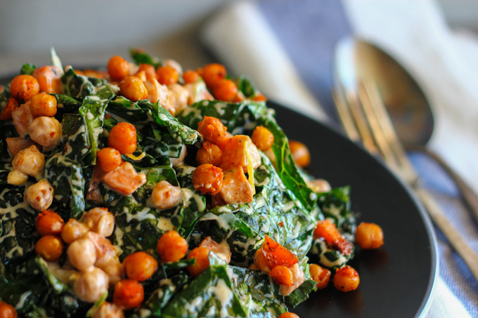 Kale Salad with Roasted Sweet Potato, Spiced Chickpeas and Yogurt Dressing