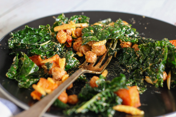 Kale Salad with Roasted Sweet Potato, Spiced Chickpeas and Yogurt Dressing