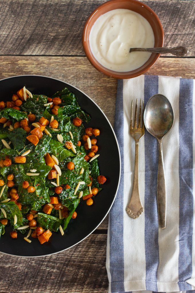 Kale Salad with Roasted Sweet Potato, Spiced Chickpeas and Yogurt Dressing