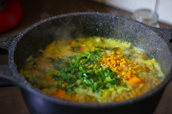 Red Lentil and Butternut Squash with Spicy Coriander Pesto