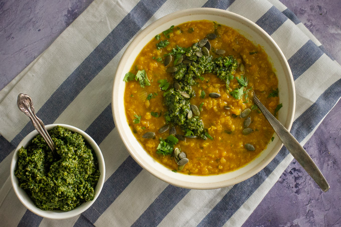 Red Lentil and Butternut Squash with Spicy Coriander Pesto