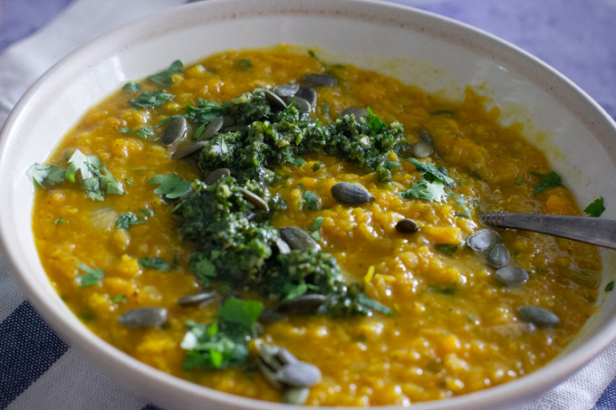 Red Lentil and Butternut Squash with Spicy Coriander Pesto