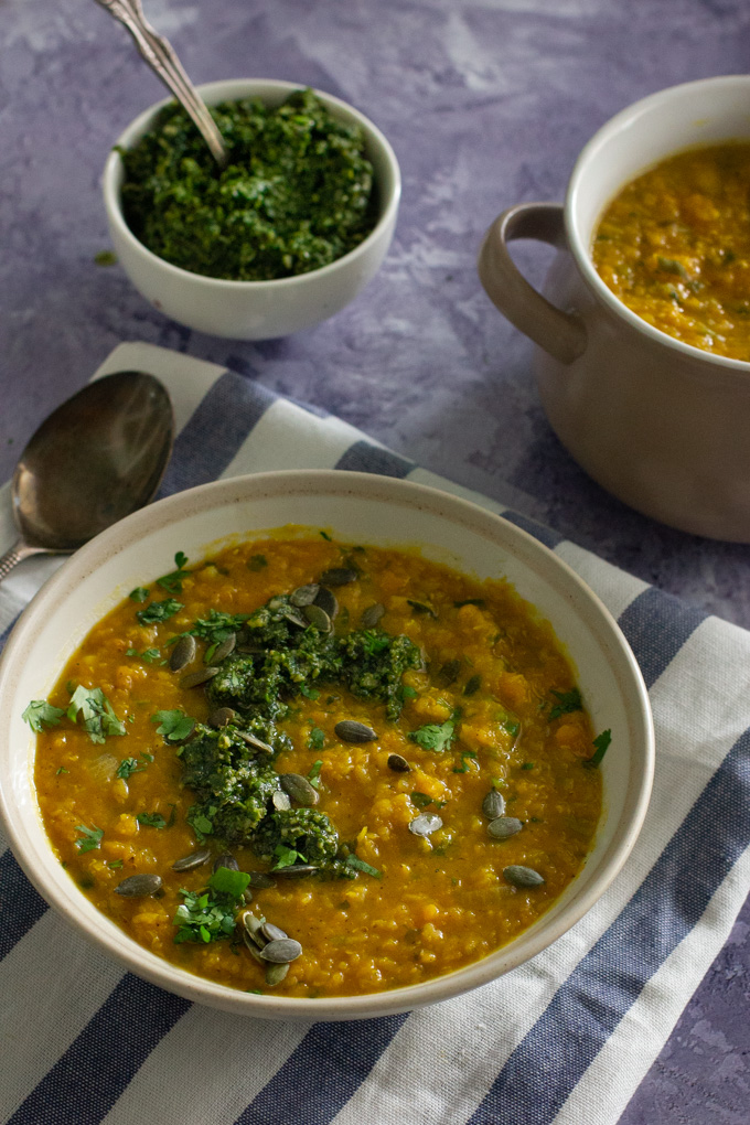 Red Lentil and Butternut Squash with Spicy Coriander Pesto