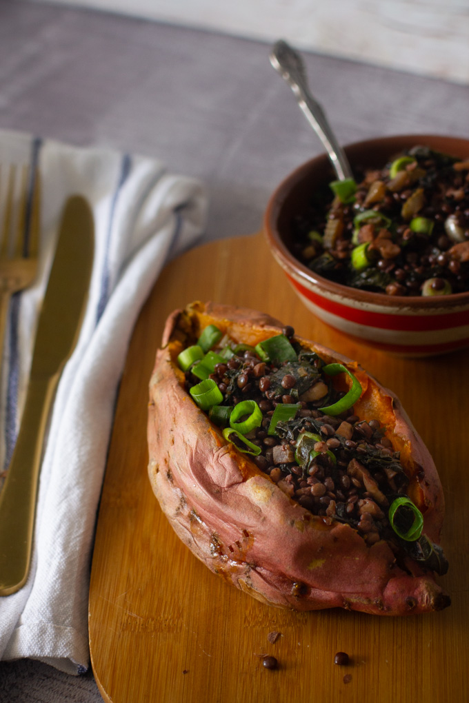 Lentils and Kale Stuffed Baked Sweet Potato