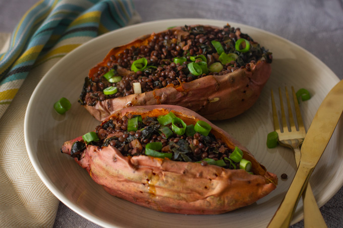 Lentils and Kale Stuffed Baked Sweet Potato