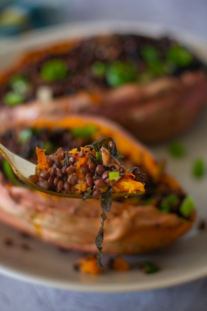 Lentils and Kale Stuffed Baked Sweet Potato