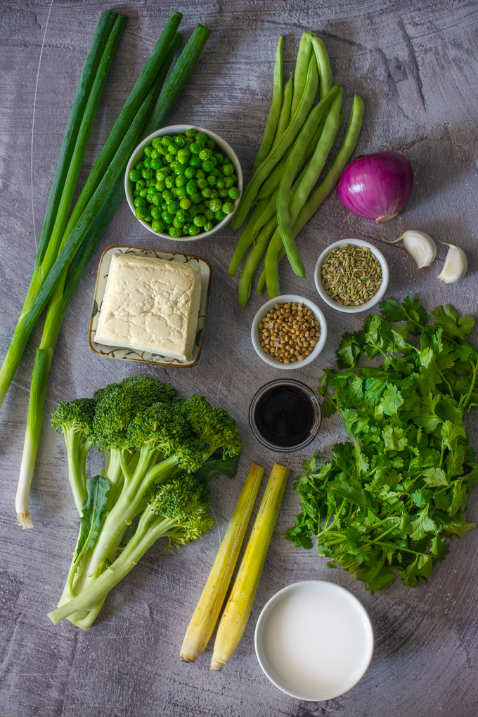 Green Curry with Charred Tofu, Green Vegetables and Coconut Cream