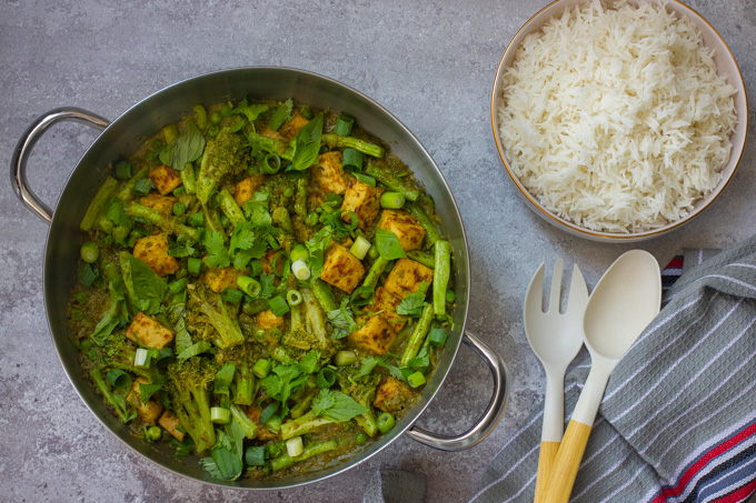 Green Curry with Charred Tofu, Green Vegetables and Coconut Cream