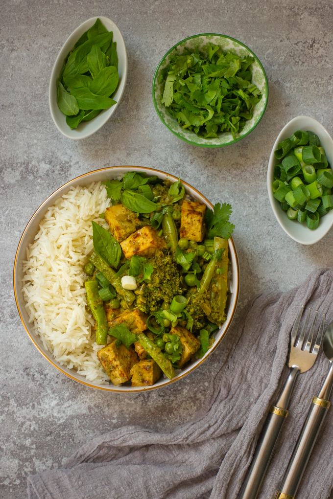 Green Curry with Charred Tofu, Green Vegetables and Coconut Cream