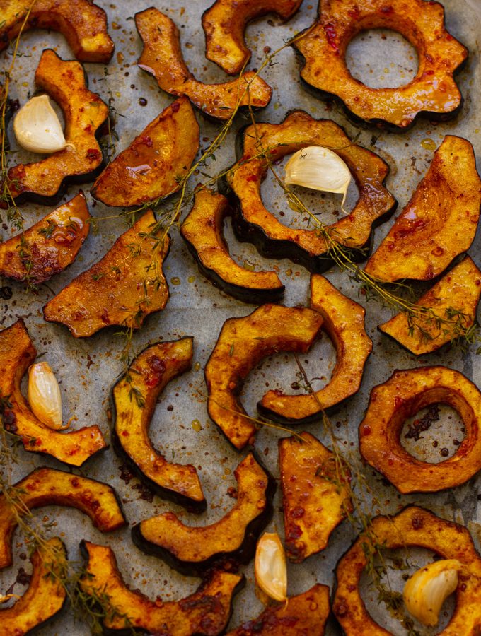 Baked Acorn Squash with Harissa and Date Honey