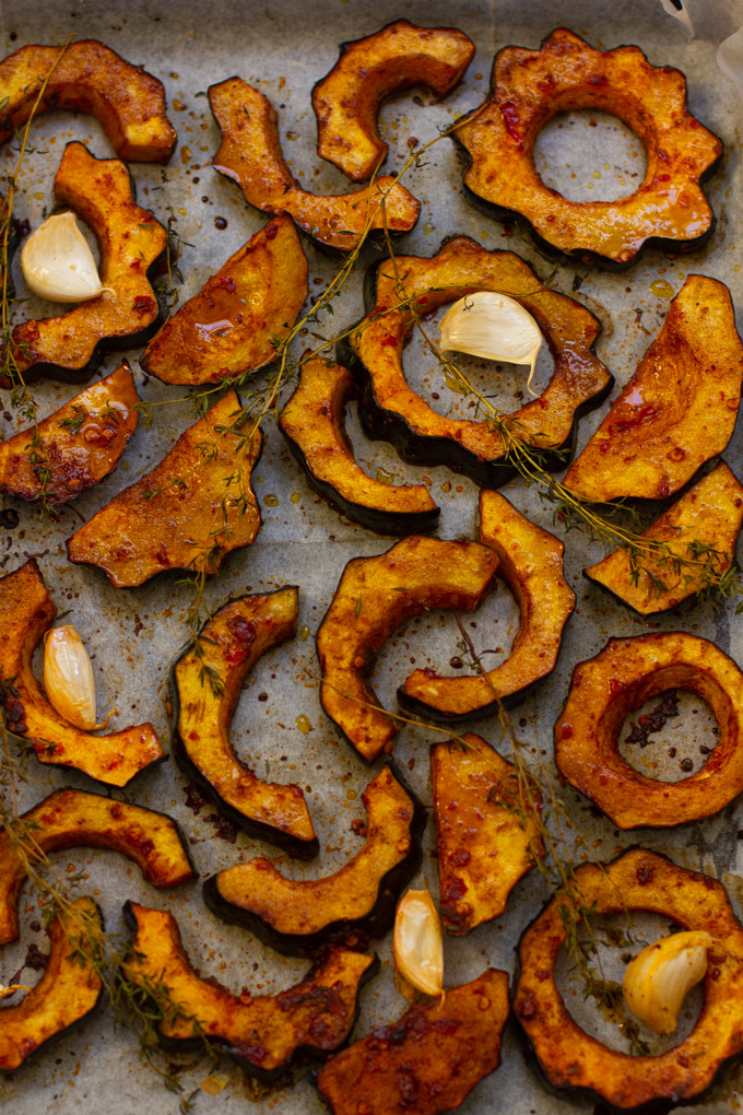 Baked Acorn Squash with Harissa and Date Honey