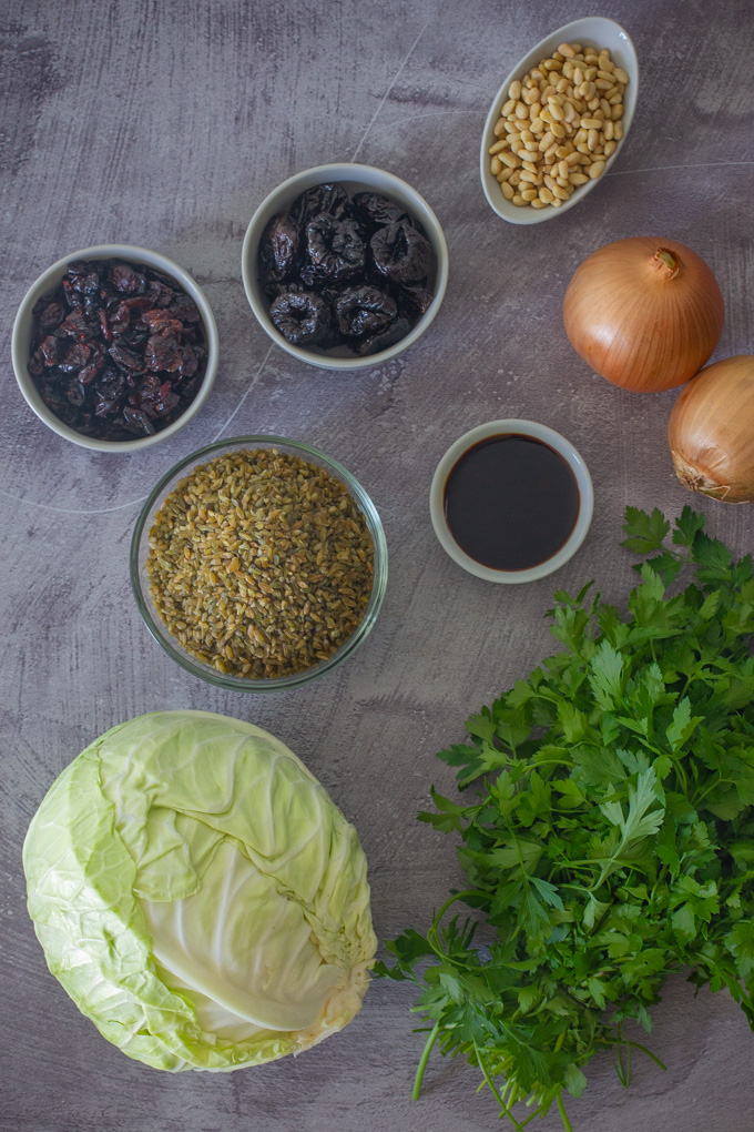 Stuffed Cabbage with Freekeh, Dried Fruits and Pine Nuts