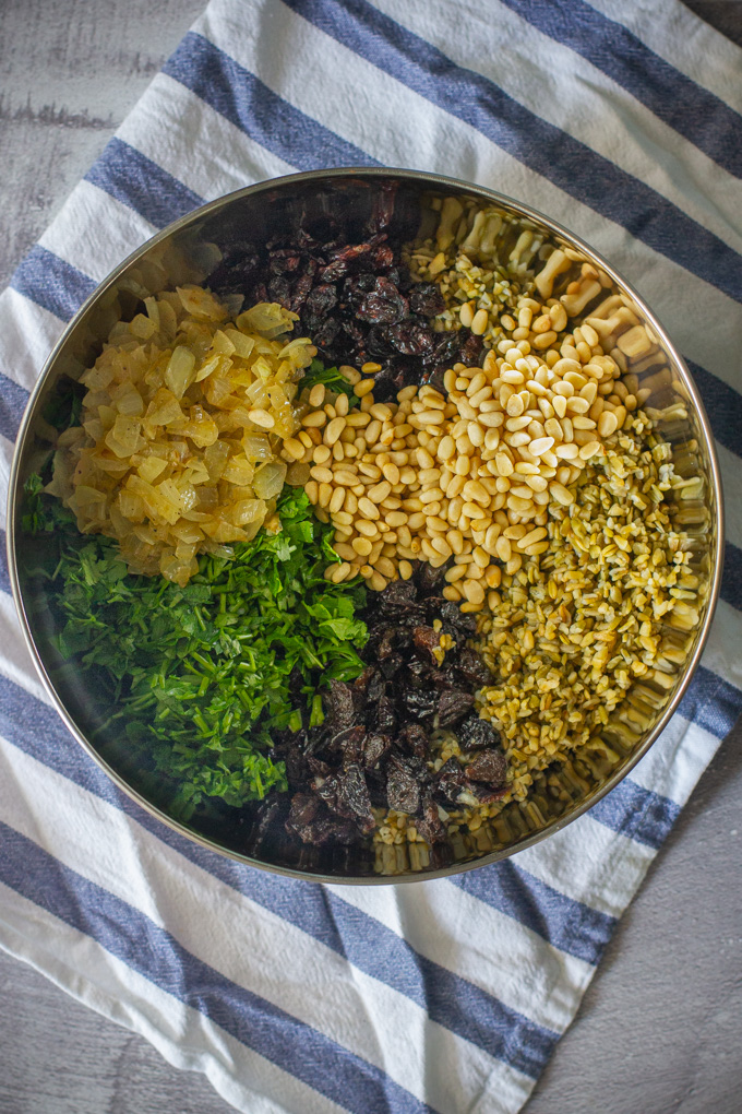 Stuffed Cabbage with Freekeh, Dried Fruits and Pine Nuts