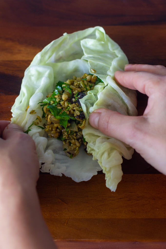 Stuffed Cabbage with Freekeh, Dried Fruits and Pine Nuts