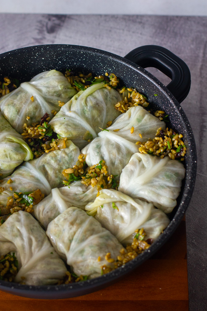 Stuffed Cabbage with Freekeh, Dried Fruits and Pine Nuts