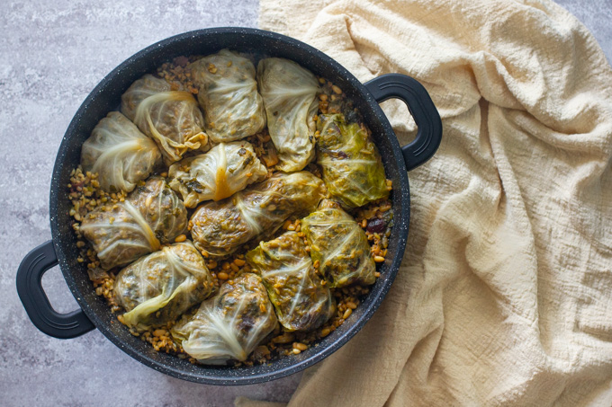 Stuffed Cabbage with Freekeh, Dried Fruits and Pine Nuts