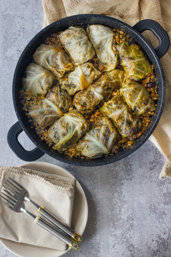 Stuffed Cabbage with Freekeh, Dried Fruits and Pine Nuts