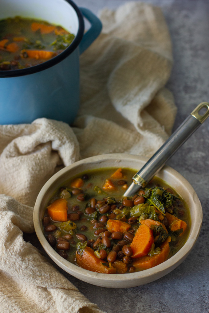 Vegan Adzuki Bean, Kale and Sweet Potato Soup 