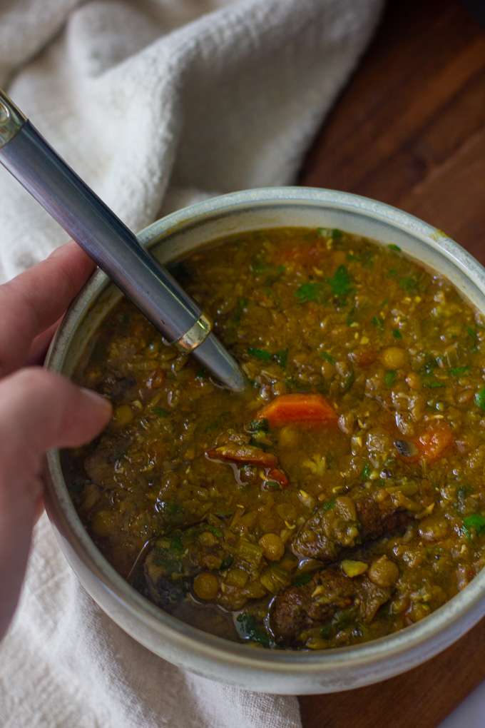 Green lentil and mushroom soup